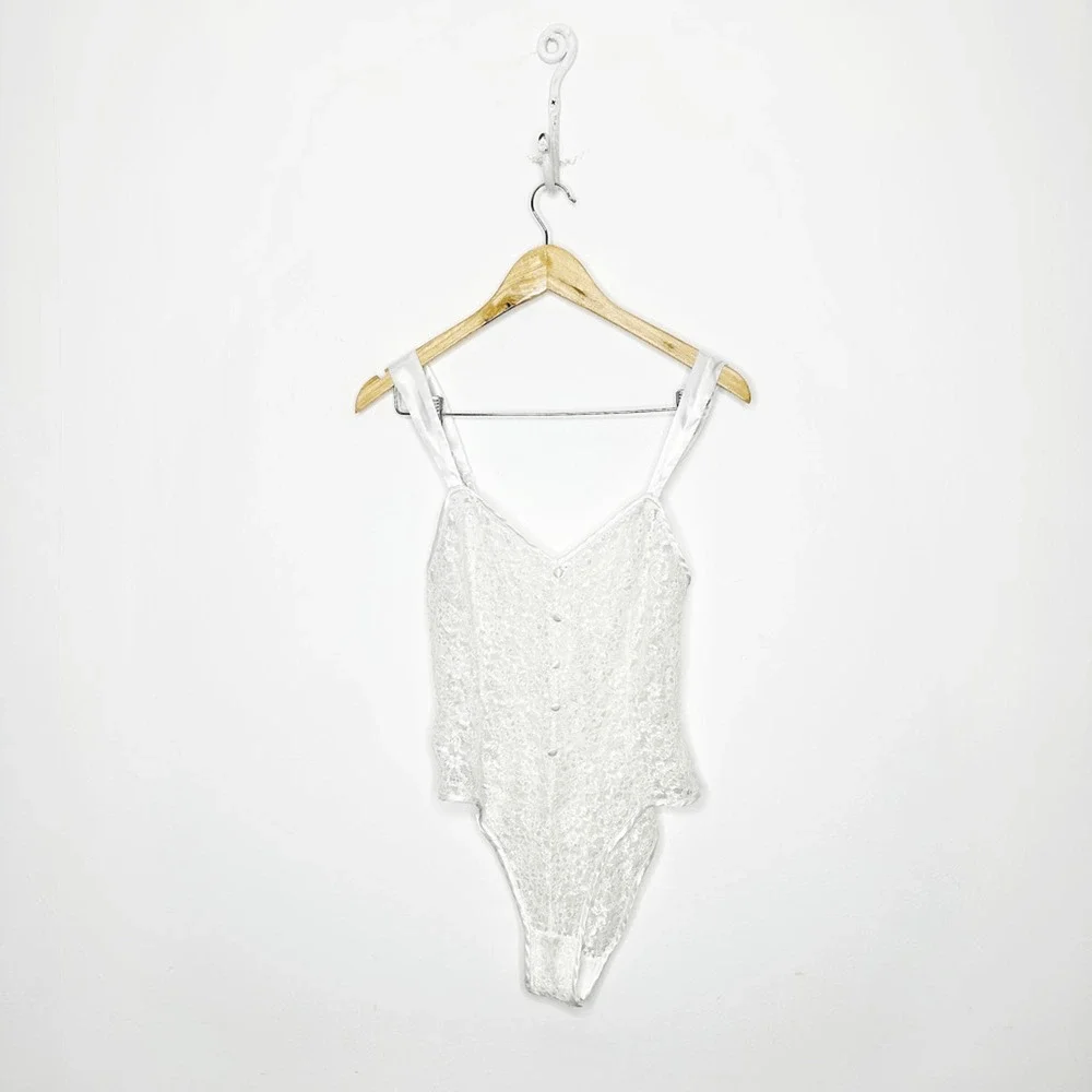 VTG 80s Gold Label VICTORIA'S SECRET WHITE LACE Teddy Semi Sheer high cut SMALL - Picture 1 of 7